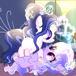 Size: 2048x2048 | Tagged: safe, artist:harmonyvitality-yt, derpibooru import, oc, oc only, alicorn, unicorn, alicorn oc, base used, duo, eyelashes, female, glowing, glowing horn, horn, mare, offspring, parent:flash sentry, parent:twilight sparkle, parents:flashlight, smiling, unicorn oc, wings