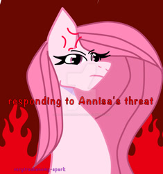 Size: 1280x1359 | Tagged: safe, artist:verytrashenemy-spark, derpibooru import, oc, oc only, oc:annisa trihapsari, earth pony, pony, angry, cross-popping veins, derp, deviantart watermark, earth pony oc, emanata, female, fire, long hair, long mane, mare, obtrusive watermark, red background, simple background, solo, unamused, watermark