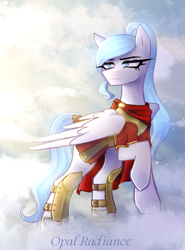 Size: 1888x2556 | Tagged: safe, artist:opal_radiance, derpibooru import, oc, oc:opal radiance, pegasus, pony, cloud, soldier, solo, spartan