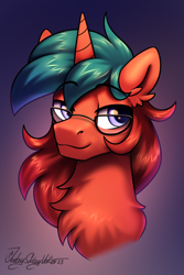 Size: 2000x3000 | Tagged: safe, artist:jedayskayvoker, derpibooru import, oc, oc only, oc:dusk, pony, unicorn, chest fluff, ear fluff, ears, fluffy, glasses, gradient background, horn, male, patreon, patreon reward, purple eyes, smiling, solo, stallion, unicorn oc