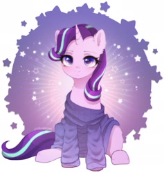 Size: 2002x2112 | Tagged: safe, artist:avrameow, derpibooru import, starlight glimmer, pony, unicorn, clothes, cute, ear fluff, ears, female, glimmerbetes, looking at you, mare, oversized clothes, simple background, sitting, solo, sweater, white background