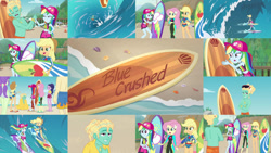 Size: 1280x721 | Tagged: safe, derpibooru import, editor:quoterific, applejack, fluttershy, rainbow dash, zephyr breeze, better together, blue crushed, equestria girls, clothes, surfing, swimsuit, towel