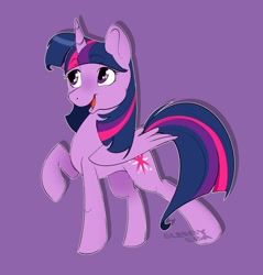 Size: 1957x2048 | Tagged: safe, artist:sleebyeba, derpibooru import, twilight sparkle, twilight sparkle (alicorn), alicorn, pony, female, purple background, raised hoof, raised leg, simple background, solo