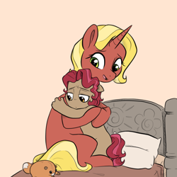 Size: 1280x1280 | Tagged: safe, artist:smirk, derpibooru import, oc, oc only, oc:cami, oc:woven lace, anthro, unicorn, anthro oc, bed, comforting, duo, female, horn, hug, mother and child, mother and daughter, parent and child, pillow, plushie, unicorn oc