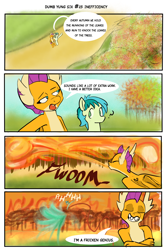 Size: 2000x3000 | Tagged: safe, artist:skunkstripe, derpibooru import, sandbar, smolder, dragon, earth pony, autumn, comic, dialogue, dragoness, dumb yung-six comics, female, fire, fire breath, hose, running of the leaves, smug, water