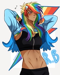 Size: 815x1019 | Tagged: safe, artist:cattenzei, derpibooru import, rainbow dash, human, dark skin, female, humanized, midriff, simple background, solo, white background, winged humanization, wings