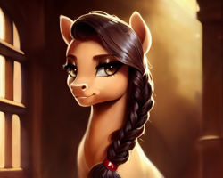 Size: 1920x1536 | Tagged: safe, derpibooru import, editor:siber, generator:purplesmart.ai, generator:stable diffusion, machine learning generated, oc, oc only, oc:honour bound, earth pony, pony, fanfic:everyday life with guardsmares, braid, female, looking at you, mare, sitting, solo