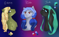 Size: 4000x2500 | Tagged: safe, artist:loopina, derpibooru import, oc, oc:green dread, oc:jade velvet, oc:river moon, bat pony, earth pony, bust, buste, female, male, mare, portrait, stallion