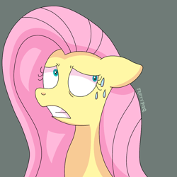 Size: 1000x1000 | Tagged: safe, artist:fruiitypieq, artist:shycookieq, derpibooru import, fluttershy, pegasus, pony, female, gray background, scared, simple background, solo, sweat