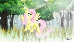 Size: 1920x1080 | Tagged: safe, artist:michealsymson, derpibooru import, fluttershy, pegasus, pony, crepuscular rays, female, forest, solo