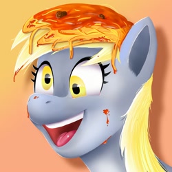 Size: 2000x2000 | Tagged: safe, artist:greenybeanz, derpibooru import, derpy hooves, pegasus, pony, female, food, mare, open mouth, pasta, solo, spaghetti