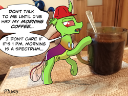Size: 2080x1560 | Tagged: safe, artist:pony-berserker, derpibooru import, princess luna, oc, oc:berzie, changedling, changeling, pony, annoyed, breaking the fourth wall, changedling oc, changeling oc, clothes, coffee, coffee cup, cup, door, hard hat, hat, irl, looking at you, photo, pillow, plushie, ponies in real life, sofa, solo, spoon, table