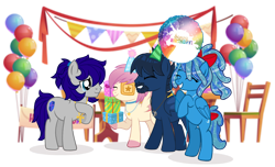 Size: 2000x1214 | Tagged: safe, artist:jennieoo, derpibooru import, oc, oc:atin nyamic, oc:gentle star, oc:maverick, oc:ocean soul, bat pony, earth pony, pegasus, pony, balloon, birthday, birthday gift, birthday party, gift art, happy, hat, laughing, party, party hat, present, presenting, show accurate, simple background, sketch, smiling, teary eyes, transparent background