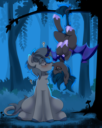 Size: 4000x5000 | Tagged: safe, artist:haruk, derpibooru import, oc, oc only, oc:chilly bite, oc:frosty tundra, bat pony, kirin, pony, armor, bat pony oc, blushing, commission, duo, female, forest, guardsmare, hanging, hanging by tail, hanging upside down, kirin oc, licking, mare, night, night guard, night guard armor, question mark, royal guard, tongue, tongue out, upside down, ych result