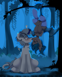 Size: 4000x5000 | Tagged: safe, alternate version, artist:haruk, derpibooru import, oc, oc only, oc:chilly bite, oc:frosty tundra, bat pony, kirin, pony, bat pony oc, blushing, clothes, commission, duo, forest, hanging, hanging by tail, hanging upside down, kirin oc, licking, night, question mark, socks, tongue, tongue out, upside down, ych result