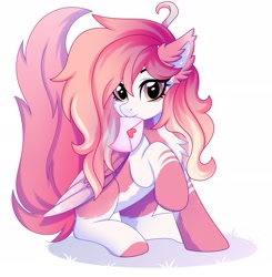 Size: 2500x2549 | Tagged: safe, artist:stormcloud, derpibooru import, oc, oc only, pegasus, pony, chest fluff, ear fluff, ears, female, heart, letter, mare, mouth hold, shadow, simple background, solo, solo female