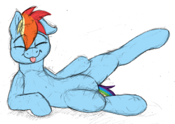 Size: 3508x2480 | Tagged: safe, artist:sefastpone, derpibooru import, rainbow blitz, rainbow dash, pony, belly, colored sketch, eyes closed, lifting leg, lying down, male, rule 63, simple background, solo, stallion, tongue, tongue out, white background