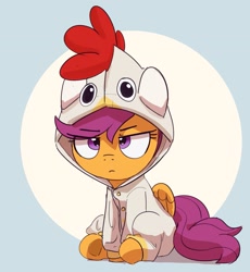 Size: 1811x1968 | Tagged: safe, artist:pabbley, derpibooru import, scootaloo, pegasus, pony, animal costume, clothes, costume, cute, cutealoo, female, filly, foal, kigurumi, scootachicken, scootaloo is not amused, sitting, solo, unamused, underhoof