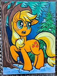 Size: 1024x1366 | Tagged: safe, artist:redapropos, derpibooru import, applejack, earth pony, pony, applejack's hat, clothes, colored pencil drawing, cowboy hat, female, forest, hat, mare, one ear down, open mouth, pine tree, raised hoof, raised leg, snow, solo, traditional art, tree