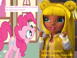 Size: 1152x864 | Tagged: safe, artist:aaliyah_rosado, artist:cmara, artist:user15432, derpibooru import, pinkie pie, earth pony, human, pony, barely pony related, crossover, image, jpeg, looking at each other, looking at someone, rainbow high, smiling, smiling at each other, sunny madison