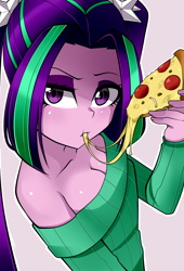 Size: 1500x2200 | Tagged: safe, artist:nekojackun, derpibooru import, aria blaze, human, equestria girls, bare shoulders, breasts, cleavage, clothes, eating, female, food, meat, off shoulder, off shoulder sweater, pepperoni, pepperoni pizza, pigtails, pizza, reasonably sized breasts, solo, sweater