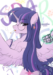 Size: 1780x2484 | Tagged: safe, alternate version, artist:spoosha, derpibooru import, twilight sparkle, twilight sparkle (alicorn), alicorn, pony, abstract background, cigarette, cutie mark accessory, cutie mark earrings, ear piercing, earring, eyebrows, eyebrows visible through hair, gag, glasses, jewelry, muzzle gag, piercing, round glasses, smoking, solo, sunset shimmer's cutie mark
