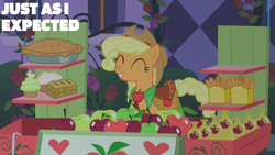 Size: 1280x720 | Tagged: safe, derpibooru import, edit, edited screencap, editor:quoterific, screencap, applejack, earth pony, pony, the best night ever, apple, applejack's hat, clothes, cowboy hat, cupcake, cute, dress, eyes closed, female, flower, food, freckles, gala dress, grin, happy, hat, jackabetes, mare, pastries, pastry, pie, rose, satisfied, smiling, solo