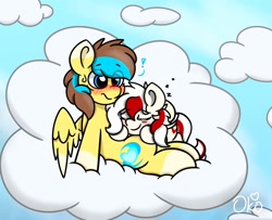 Size: 1600x1300 | Tagged: safe, artist:okopod, derpibooru import, oc, oc only, oc:awya lightfeather, oc:okopod, pegasus, art trade, blushing, cloud, complex background, cuddling, cute, duo, duo male and female, female, folded wings, lying down, lying on a cloud, male, on a cloud, on back, pegasus oc, pegasus wings, spread wings, wings