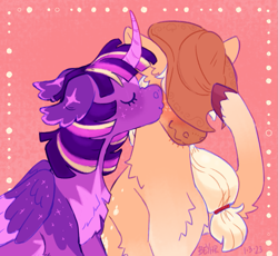 Size: 1071x987 | Tagged: safe, artist:beyhr, derpibooru import, applejack, twilight sparkle, twilight sparkle (alicorn), alicorn, applejack's hat, blushing, clothes, colored, colored background, covering face, cowboy hat, embarrassed, female, hat, kiss on the cheek, kissing, lesbian, nose wrinkle, scrunchy face, shipping, twijack