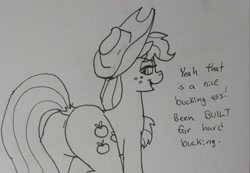 Size: 2048x1421 | Tagged: safe, artist:pony quarantine, derpibooru import, applejack, earth pony, pony, applebutt, butt, dialogue, female, grayscale, large butt, looking back, mare, monochrome, plot, rear view, solo, traditional art