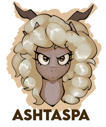 Size: 1705x2041 | Tagged: safe, artist:triplesevens, derpibooru import, oc, oc only, oc:ashtaspa, goat, angry, bust, female, horns, looking at you, simple background, solo, white background