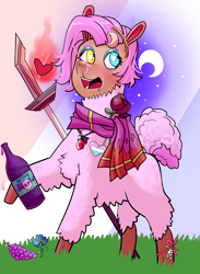 Size: 964x1314 | Tagged: safe, artist:beth, derpibooru import, oc, oc only, oc:beth, alpaca, alcohol, clothes, cloven hooves, flower, food, grapes, heterochromia, moon, rose, scarf, simple background, solo, staff, transgender, transparent background, wine