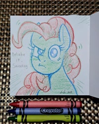 Size: 2084x2602 | Tagged: safe, artist:redapropos, derpibooru import, pinkie pie, earth pony, pony, bust, crayon drawing, female, looking at you, mare, signature, solo, text, traditional art