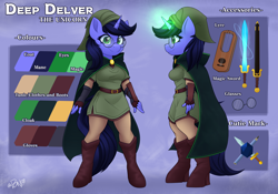 Size: 4346x3034 | Tagged: safe, artist:rivin177, derpibooru import, oc, oc:deep delver, anthro, pony, unicorn, accessories, beanie, belt, boots, cloak, clothes, color palette, commission, glasses, lyre, magic, magic aura, musical instrument, reference sheet, shoes, side view, simple background, standing, sword, tunic, weapon