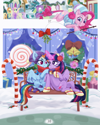 Size: 3098x3872 | Tagged: safe, artist:silverfir, artist:venik, derpibooru import, applejack, fluttershy, pinkie pie, rainbow dash, spike, twilight sparkle, twilight sparkle (alicorn), alicorn, dragon, earth pony, pegasus, pony, bench, berry, breaking the fourth wall, candy, candy cane, cap, clothes, cup, earmuffs, female, fluffy, food, garland, glowing, glowing horn, hat, horn, lesbian, looking at each other, looking at someone, magic, mistleholly, present, scarf, shared clothing, shared scarf, shipping, sitting, smiling, smiling at each other, snow, snowfall, spread wings, striped scarf, telekinesis, twidash, wings, winter, winter outfit
