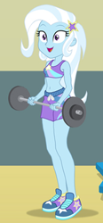 Size: 400x860 | Tagged: safe, artist:sapphiregamgee, derpibooru import, edit, trixie, human, equestria girls, belly button, clothes, cropped, curvy, dumbbell (object), female, hourglass figure, midriff, shoes, shorts, sneakers, solo, sports bra, sports shorts, weights