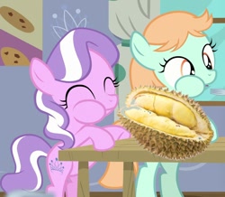 Size: 825x720 | Tagged: safe, derpibooru import, edit, edited screencap, screencap, diamond tiara, peach fuzz, earth pony, pony, on your marks, aweeg*, bipedal, chewing, duo, duo female, durian, eating, female, filly, foal, food