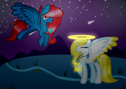 Size: 961x683 | Tagged: safe, artist:angellightyt, derpibooru import, oc, oc only, pegasus, pony, duo, halo, jewelry, necklace, night, outdoors, pegasus oc, stars, wings