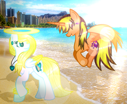 Size: 1477x1213 | Tagged: safe, artist:angellightyt, derpibooru import, oc, oc only, alicorn, pegasus, pony, collaboration, alicorn oc, beach, colored wings, halo, horn, jewelry, necklace, outdoors, pegasus oc, two toned wings, wings