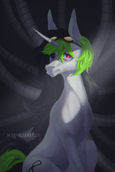 Size: 2000x2989 | Tagged: safe, artist:schnellentod, derpibooru import, oc, oc only, pony, unicorn, frown, goggles, red eyes, sitting, solo