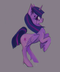 Size: 1034x1230 | Tagged: safe, artist:schnellentod, derpibooru import, twilight sparkle, twilight sparkle (alicorn), alicorn, pony, bipedal, crying, makeup, side view, simple background, solo