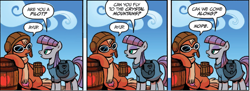 Size: 1584x577 | Tagged: safe, artist:brendahickey, derpibooru import, idw, maud pie, earth pony, pony, spoiler:comic, spoiler:comicff29, barrel, cap, goggles, hat, mug, unnamed character, unnamed pony