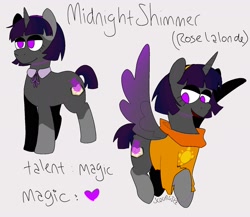 Size: 1722x1493 | Tagged: safe, artist:scourgiez, derpibooru import, oc, oc:midnight shimmer, alicorn, pony, unicorn, clothes, crossover, female, homestuck, mare, smiling, solo, text