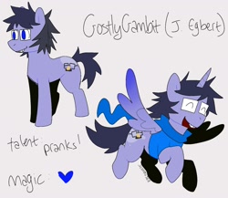 Size: 1722x1493 | Tagged: safe, artist:scourgiez, derpibooru import, oc, oc:gostly gambit, alicorn, earth pony, pony, alicorn oc, clothes, crossover, glasses, homestuck, horn, solo, spread wings, text, wings