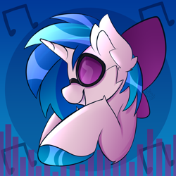 Size: 2500x2500 | Tagged: safe, artist:starcasteclipse, derpibooru import, dj pon-3, vinyl scratch, pony, unicorn, abstract background, bow, female, hair bow, smiling, solo, vinyl's glasses