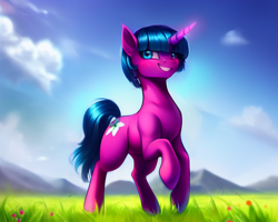 Size: 1280x1024 | Tagged: safe, derpibooru import, editor:siber, generator:purplesmart.ai, generator:stable diffusion, machine learning generated, oc, oc only, oc:lily glamerspear, pony, unicorn, fanfic:everyday life with guardsmares, female, grass, grin, looking at you, mare, mountain, outdoors, prancing, smiling, smiling at you, solo