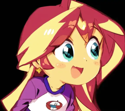 Size: 576x512 | Tagged: safe, artist:luckreza8, derpibooru import, machine learning generated, sunset shimmer, human, equestria girls, :d, anime, black background, cute, female, open mouth, open smile, pinegraph, shimmerbetes, simple background, smiling, solo