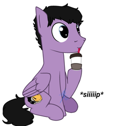 Size: 1195x1329 | Tagged: safe, artist:decaydaance, derpibooru import, pegasus, pony, coffee, coffee cup, cup, drinking, kellin quinn, male, onomatopoeia, ponified, signature, simple background, sitting, solo, stallion, text, white background