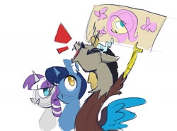 Size: 1629x1213 | Tagged: safe, artist:nekosnicker, derpibooru import, discord, fluttershy, night light, twilight velvet, butterfly, draconequus, pony, unicorn, cheering, crowd, fan, female, holding sign, male, sign, simple background, sketch, white background, yelling