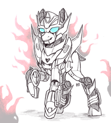 Size: 1822x2022 | Tagged: safe, artist:karamboll, derpibooru import, pony, robot, crossover, male, monochrome, rodimus, rodimus prime, sketch, solo, transformers